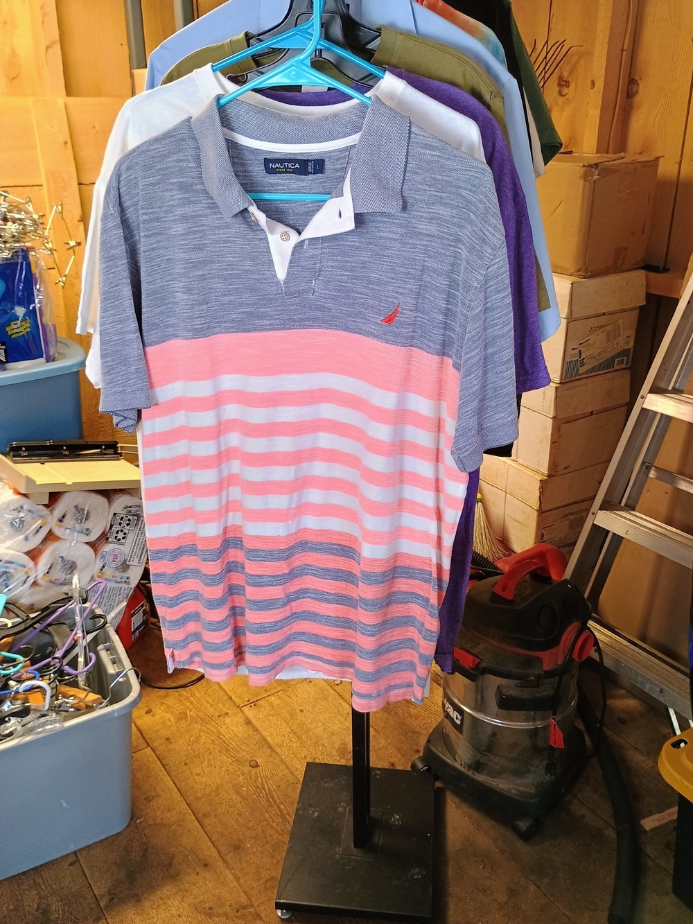 Nautica Men’s Pink and Blue Striped Polo Shirt Bin 32